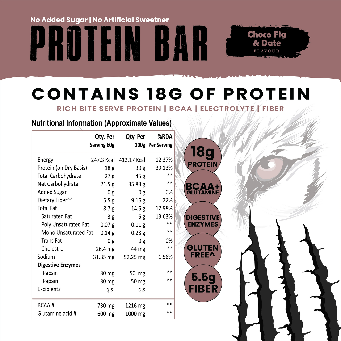 White Wolf Protein Bar (18g Protein) | No Added Sugar | BCAA, Fiber & Digestive Enzymes