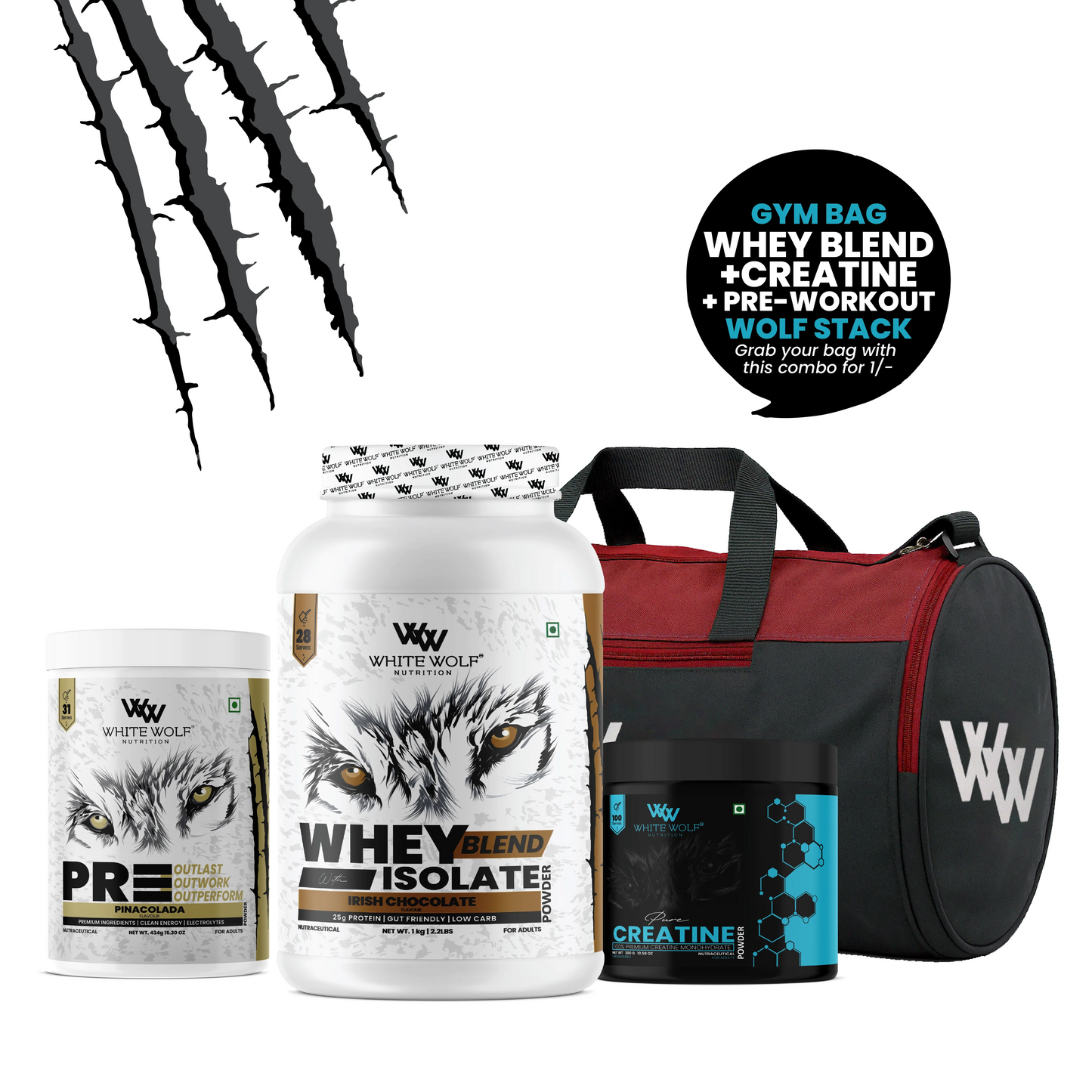 Whey Blend with Isolate 1 kg + Pre-Workout + Unflavoured Creatine + Gym Bag