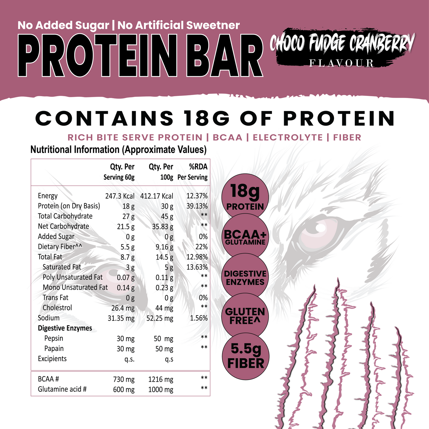 White Wolf Protein Bar (18g Protein) | No Added Sugar | BCAA, Fiber & Digestive Enzymes