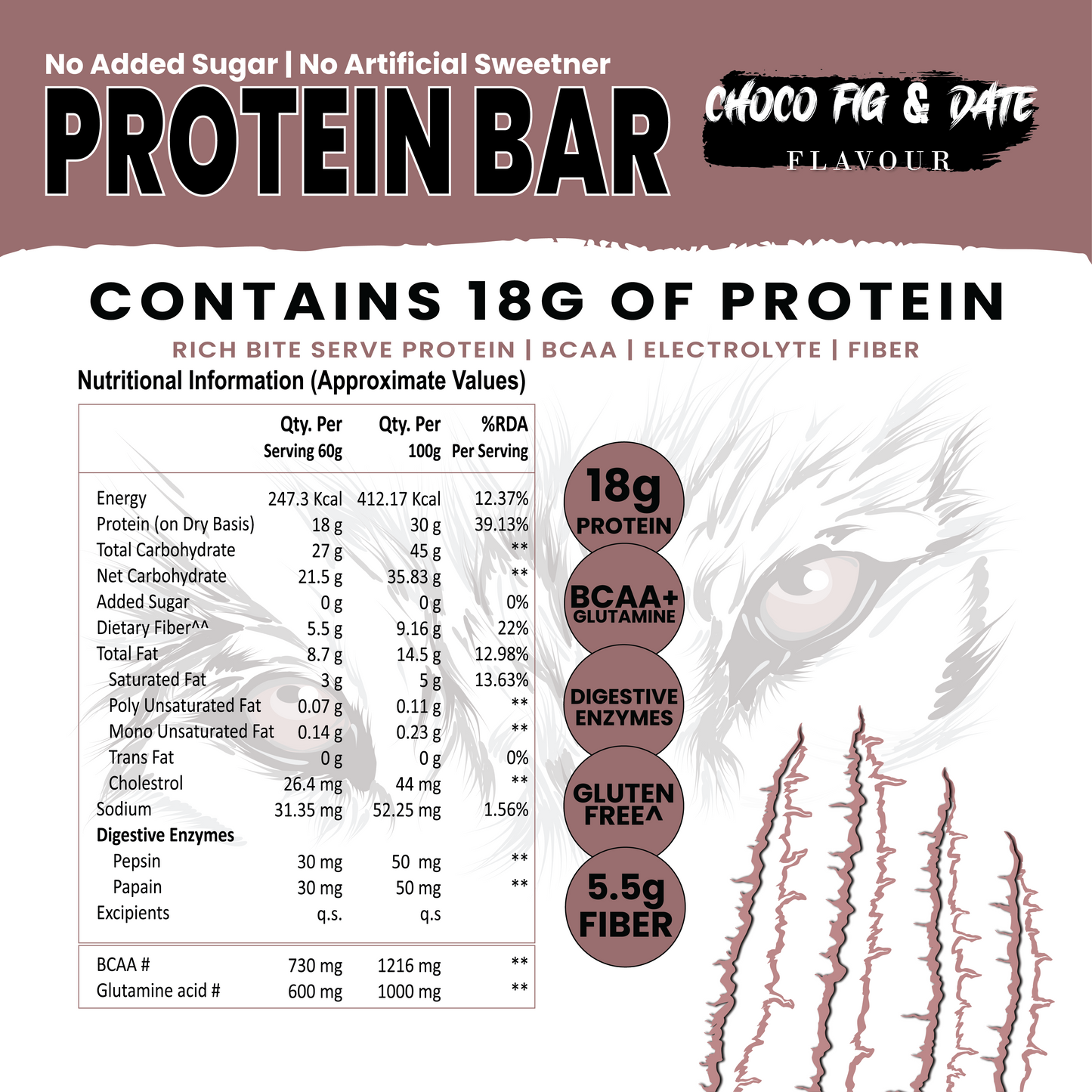 White Wolf Protein Bar (18g Protein) | No Added Sugar | BCAA, Fiber & Digestive Enzymes