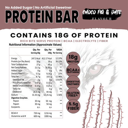 White Wolf Protein Bar (18g Protein) | No Added Sugar | BCAA, Fiber & Digestive Enzymes