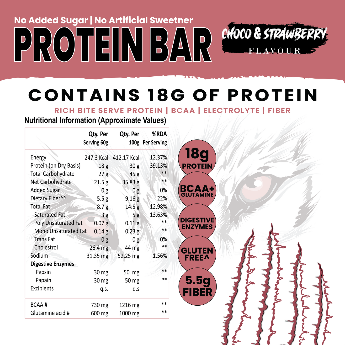 White Wolf Protein Bar (18g Protein) | No Added Sugar | BCAA, Fiber & Digestive Enzymes