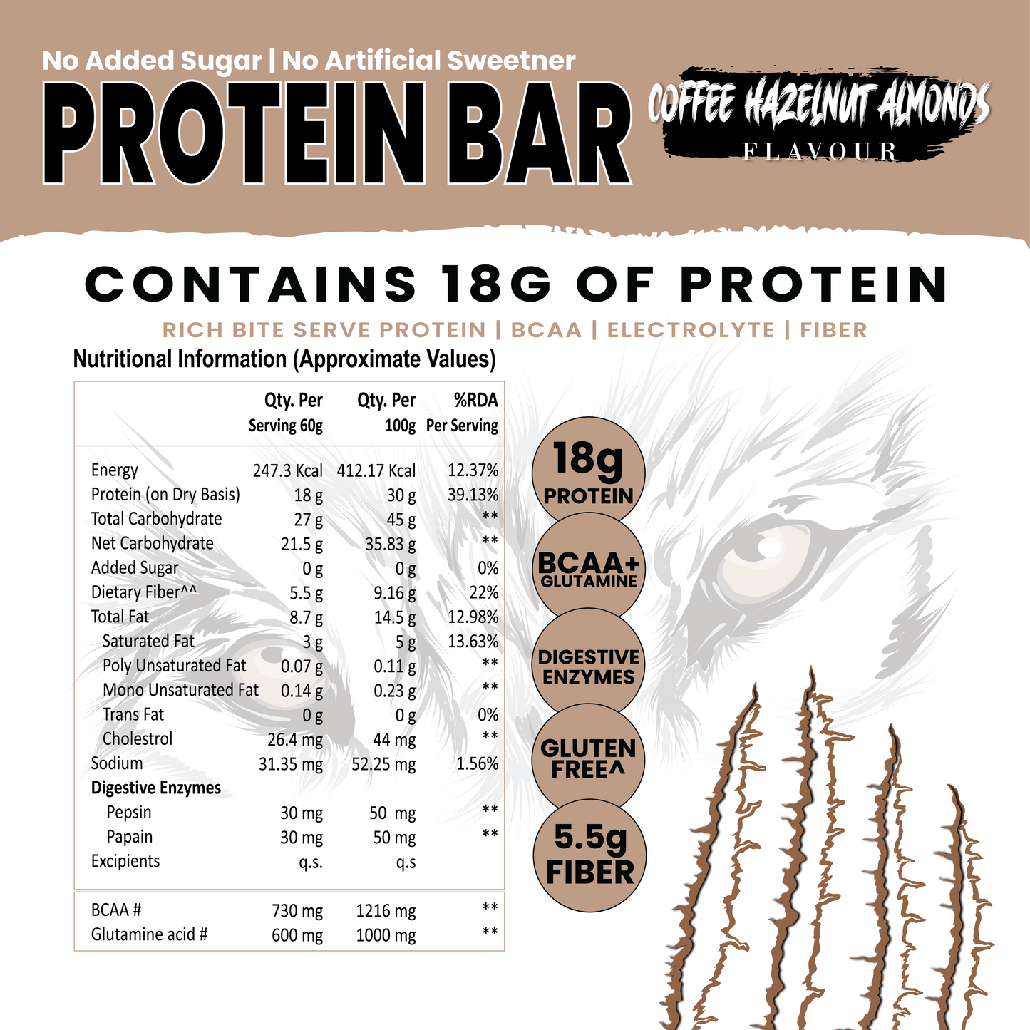 White Wolf Protein Bar (18g Protein) | No Added Sugar | BCAA, Fiber & Digestive Enzymes