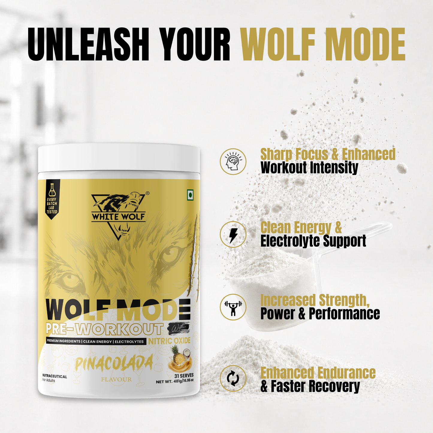 White Wolf - WOLF MODE PreWorkout With Nitric Oxide 15.5G/Serve | Power Mode On | Fuel Your Muscle | Pump Your Muscle 481G Pack
