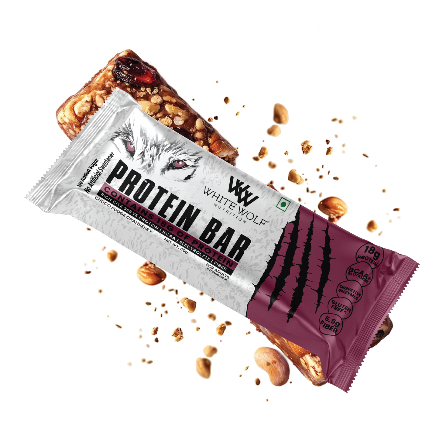 White Wolf Protein Bar (18g Protein) | No Added Sugar | BCAA, Fiber & Digestive Enzymes
