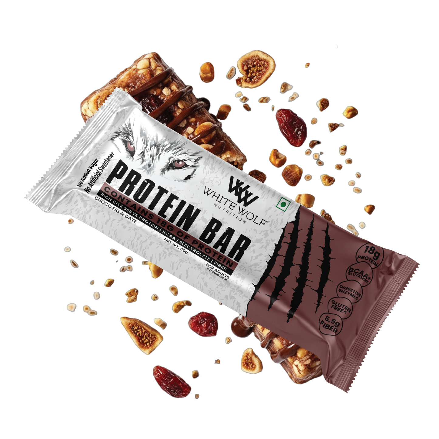 White Wolf Protein Bar (18g Protein) | No Added Sugar | BCAA, Fiber & Digestive Enzymes