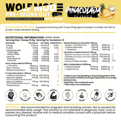 White Wolf - WOLF MODE PreWorkout With Nitric Oxide 15.5G/Serve | Power Mode On | Fuel Your Muscle | Pump Your Muscle 481G Pack