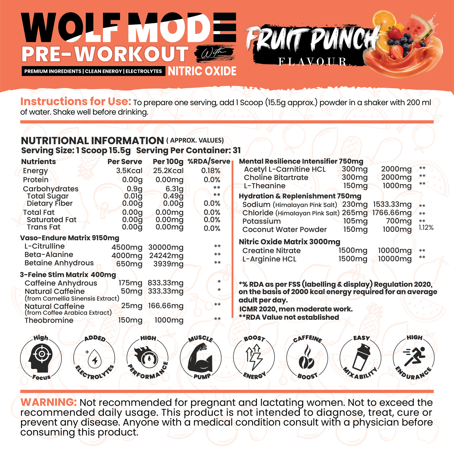 White Wolf - WOLF MODE PreWorkout With Nitric Oxide 15.5G/Serve | Power Mode On | Fuel Your Muscle | Pump Your Muscle 481G Pack