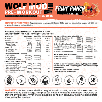 White Wolf - WOLF MODE PreWorkout With Nitric Oxide 15.5G/Serve | Power Mode On | Fuel Your Muscle | Pump Your Muscle 481G Pack