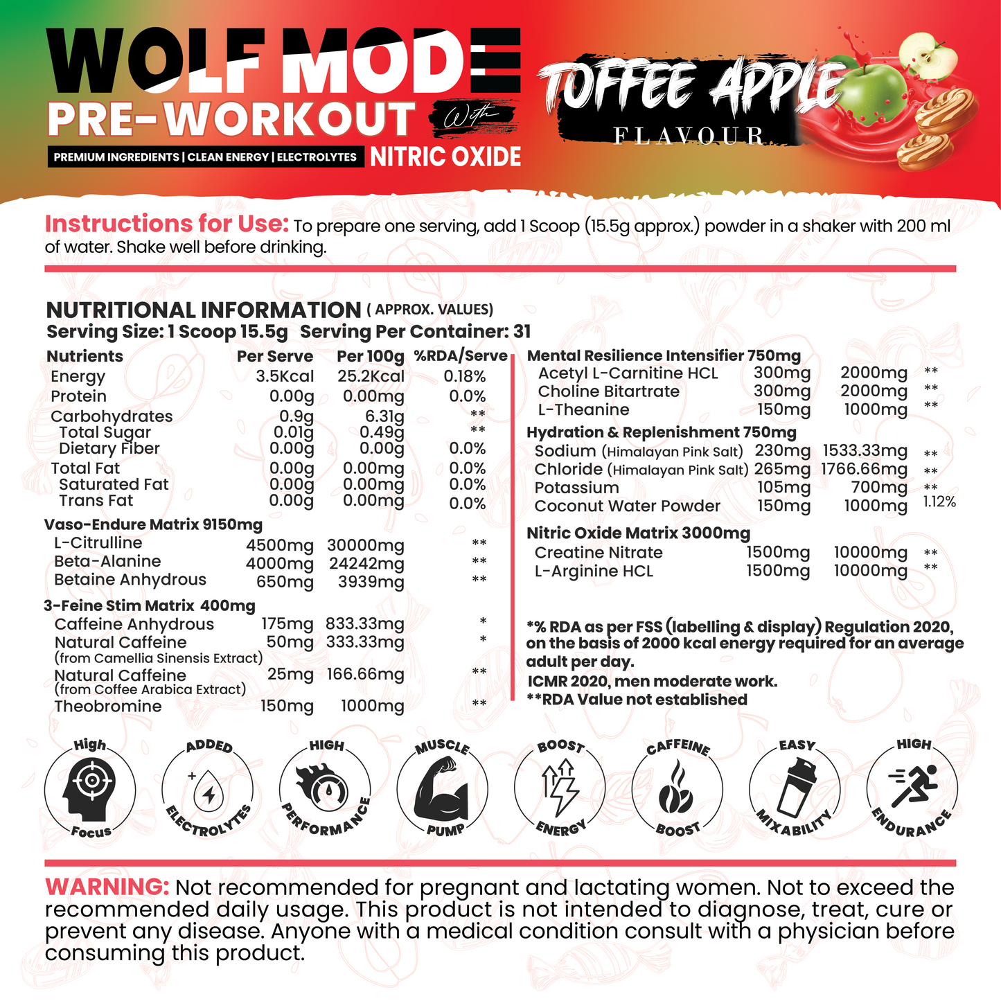 White Wolf - WOLF MODE PreWorkout With Nitric Oxide 15.5G/Serve | Power Mode On | Fuel Your Muscle | Pump Your Muscle 481G Pack