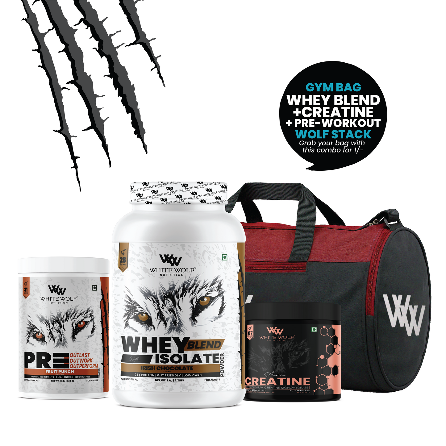 Whey Blend 1kg + Pre-Workout + Flavoured Creatine 305g + Gym Bag
