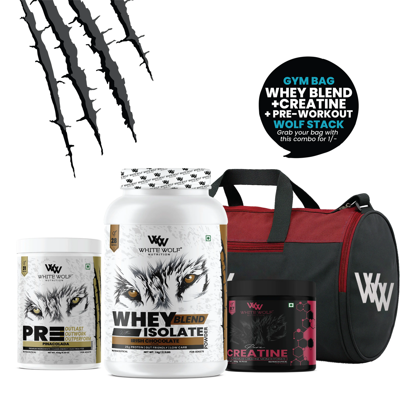 Whey Blend 1kg + Pre-Workout + Flavoured Creatine 305g + Gym Bag