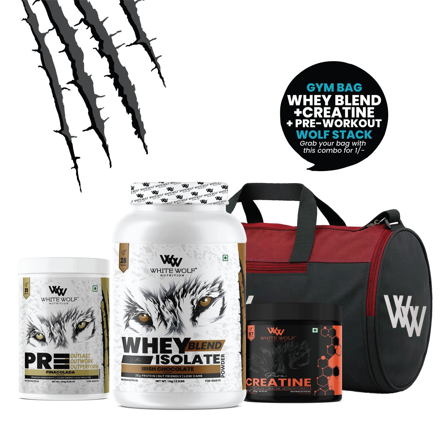 Whey Blend 1kg + Pre-Workout + Flavoured Creatine 305g + Gym Bag