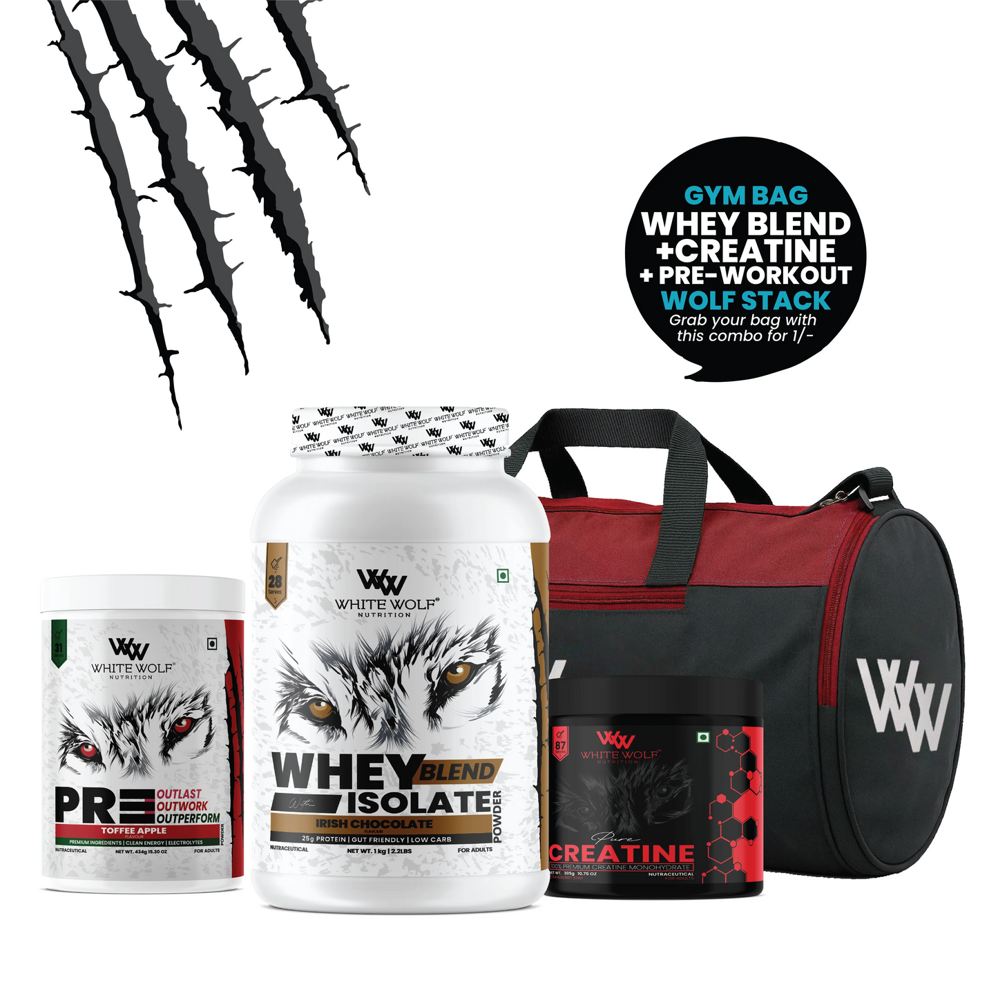 Whey Blend 1kg + Pre-Workout + Flavoured Creatine 305g + Gym Bag