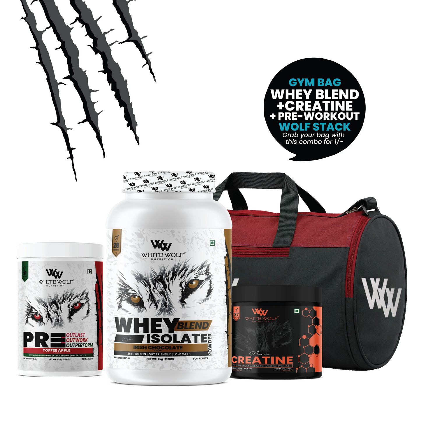 Whey Blend 1kg + Pre-Workout + Flavoured Creatine 305g + Gym Bag