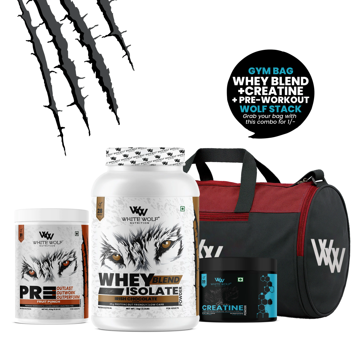 Whey Blend with Isolate 1 kg   + Pre-Workout + Unflavoured Creatine  + Gym Bag