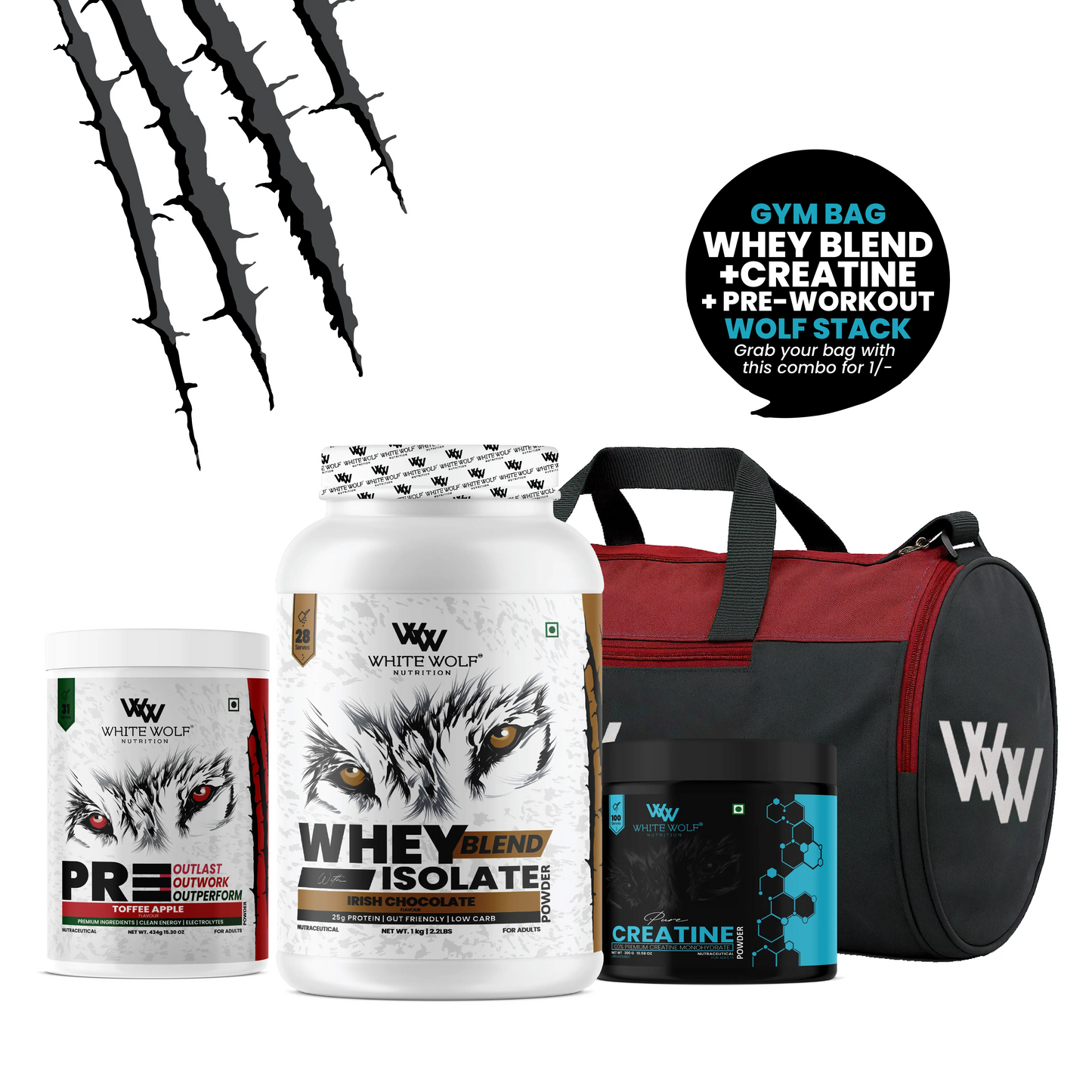 Whey Blend with Isolate 1 kg   + Pre-Workout + Unflavoured Creatine  + Gym Bag