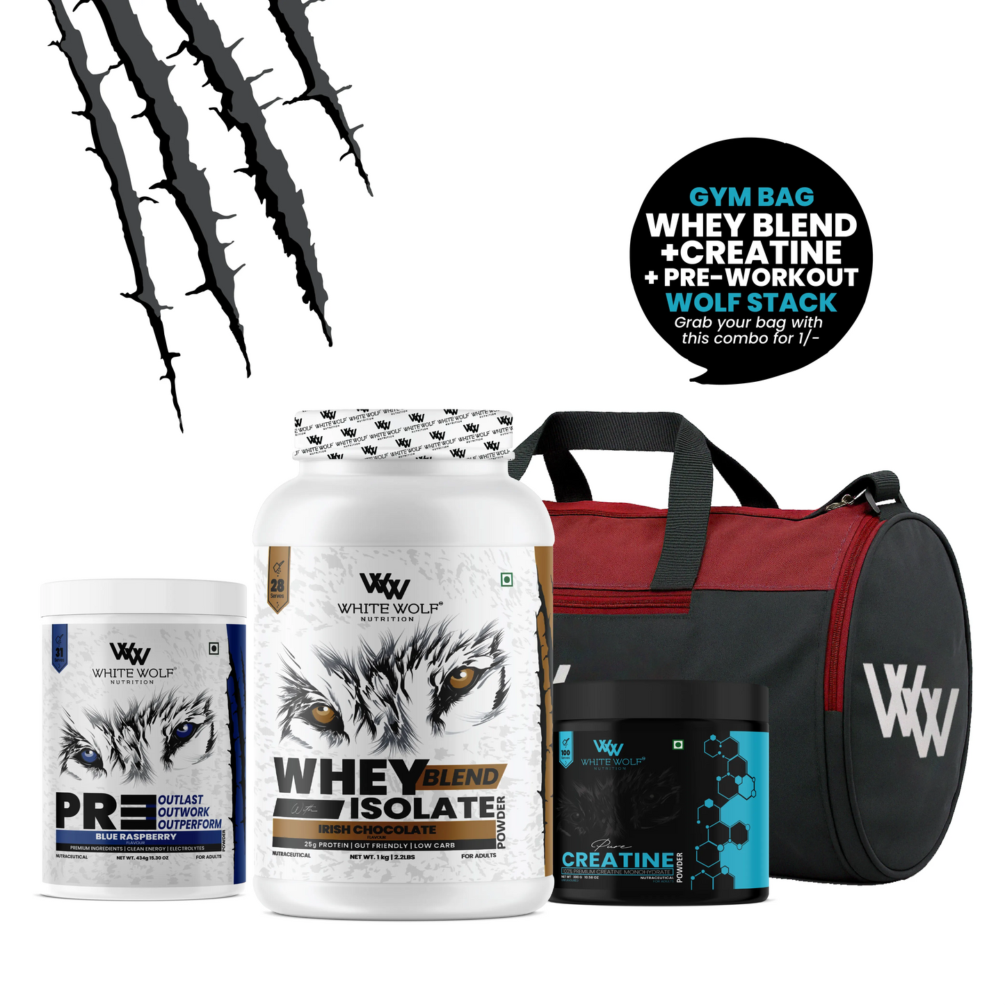 Whey Blend with Isolate 1 kg   + Pre-Workout + Unflavoured Creatine  + Gym Bag