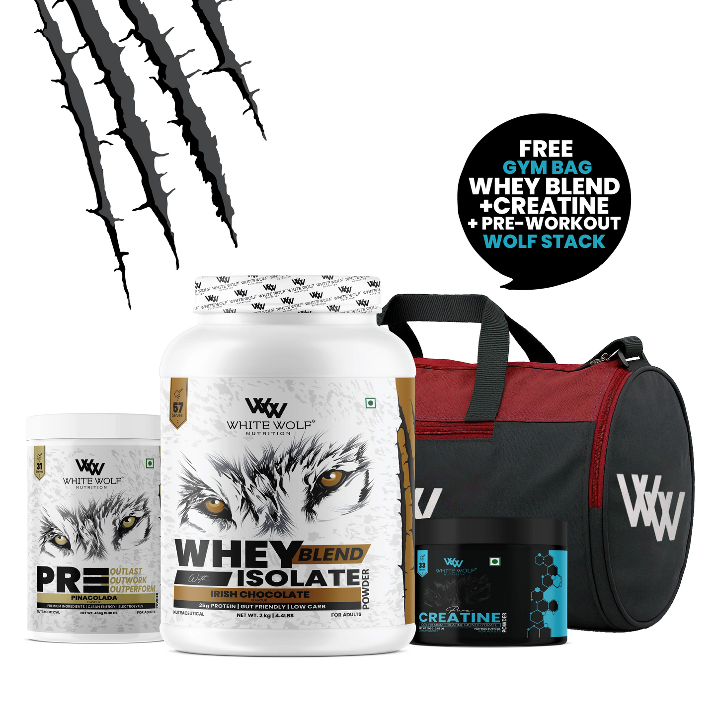 White Wolf  Whey Blend with Isolate 2 kg + Pre-Workout + Unflavoured Creatine  + Gym Bag