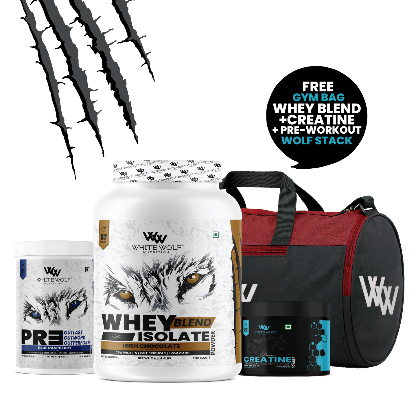 White Wolf  Whey Blend with Isolate 2 kg + Pre-Workout + Unflavoured Creatine  + Gym Bag