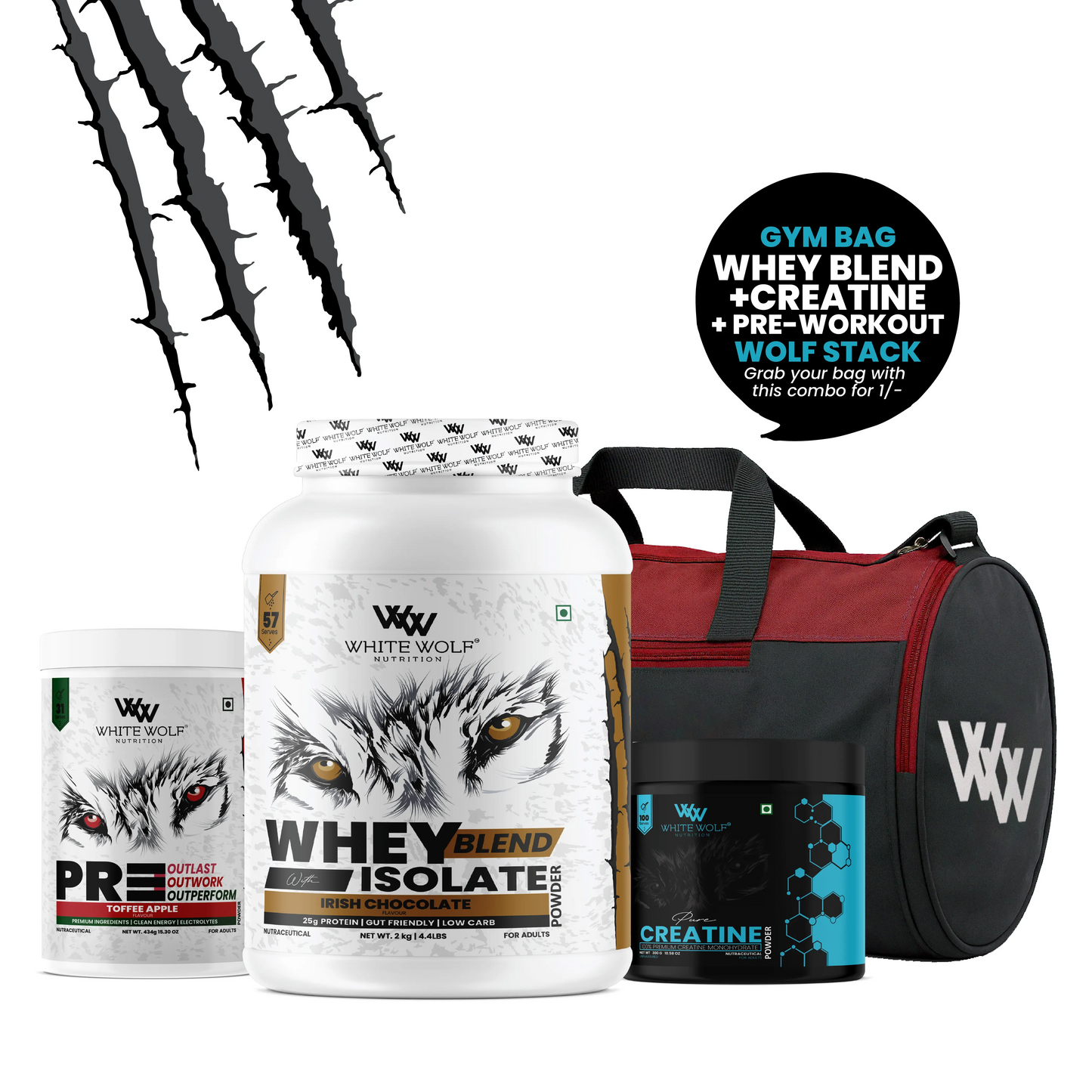White Wolf  Whey Blend with Isolate 2 kg + Pre-Workout + Unflavoured Creatine  + Gym Bag