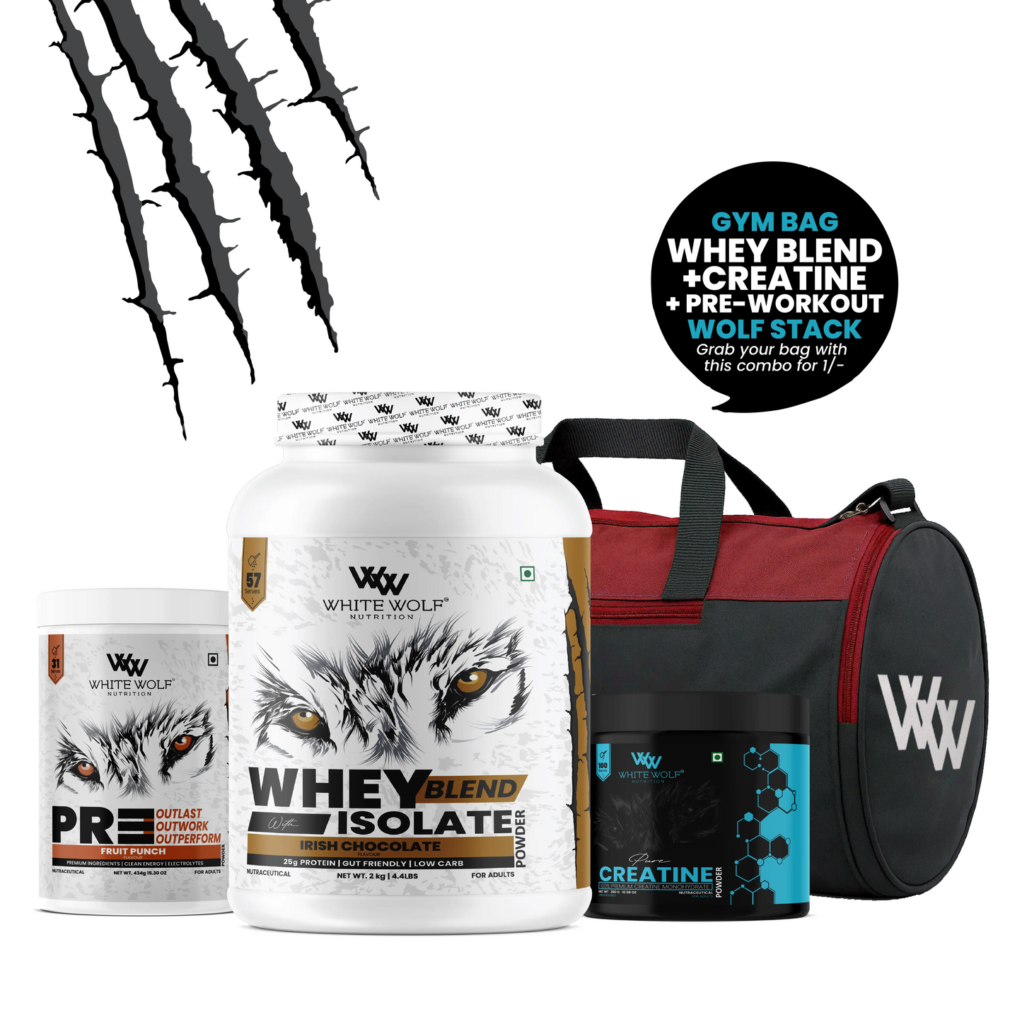 White Wolf  Whey Blend with Isolate 2 kg + Pre-Workout + Unflavoured Creatine  + Gym Bag