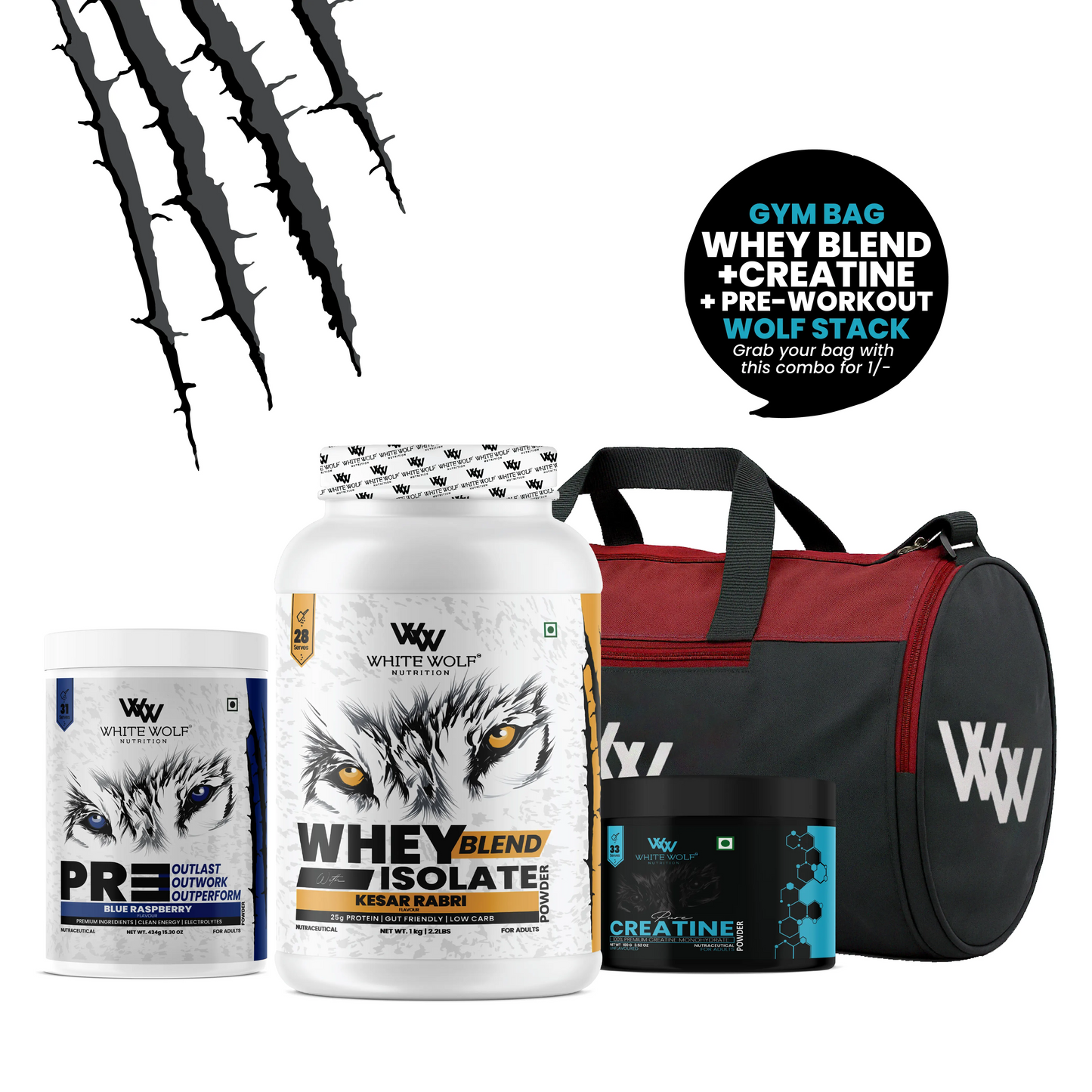 Whey Blend with Isolate 1 kg   + Pre-Workout + Unflavoured Creatine  + Gym Bag