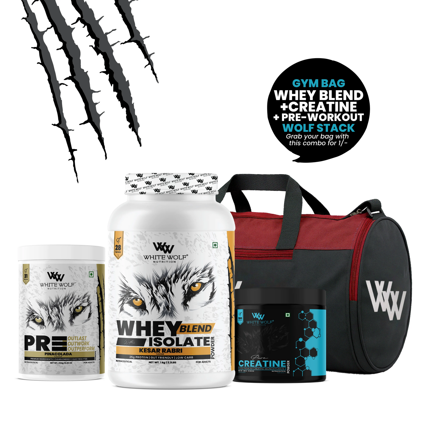 Whey Blend with Isolate 1 kg   + Pre-Workout + Unflavoured Creatine  + Gym Bag