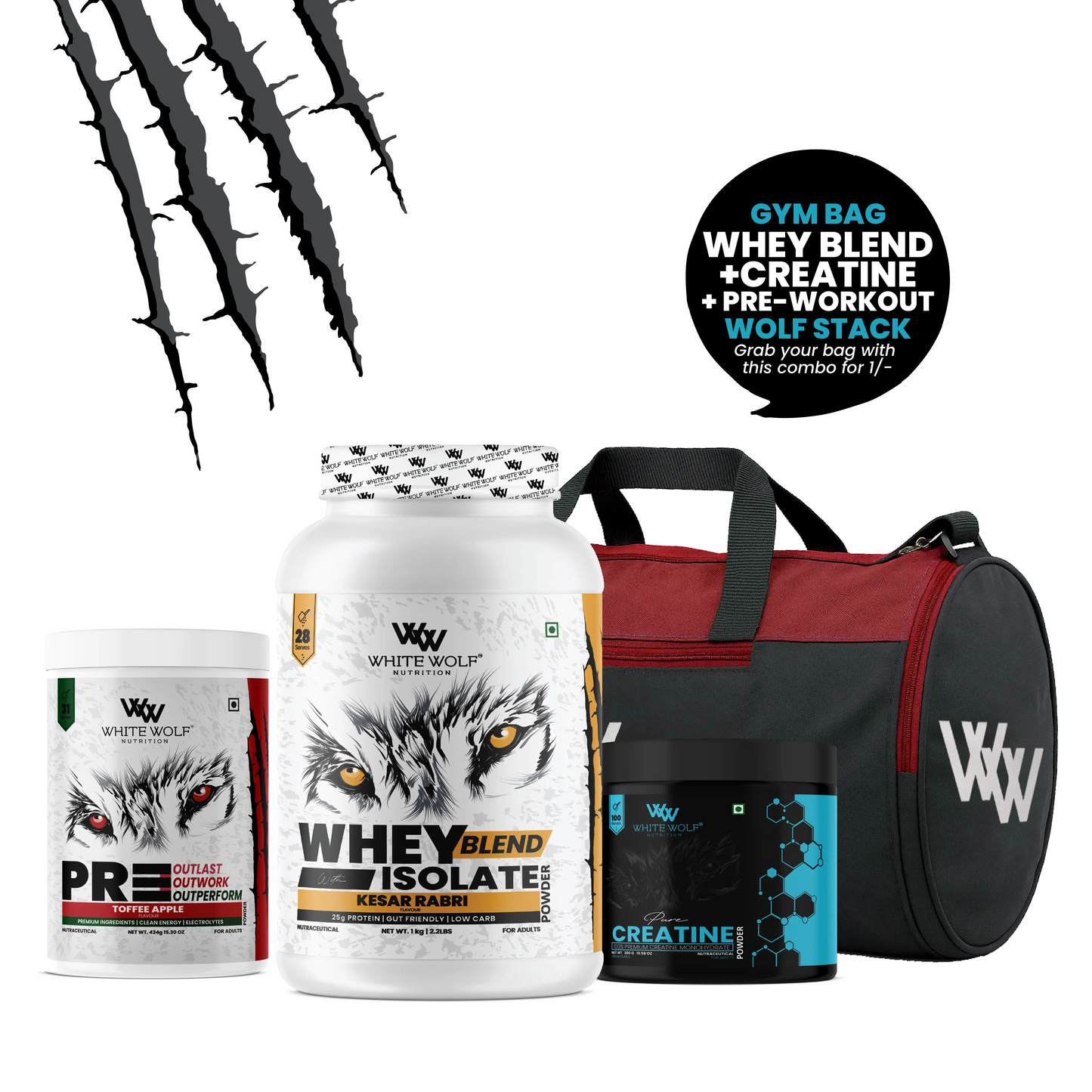 Whey Blend with Isolate 1 kg   + Pre-Workout + Unflavoured Creatine  + Gym Bag