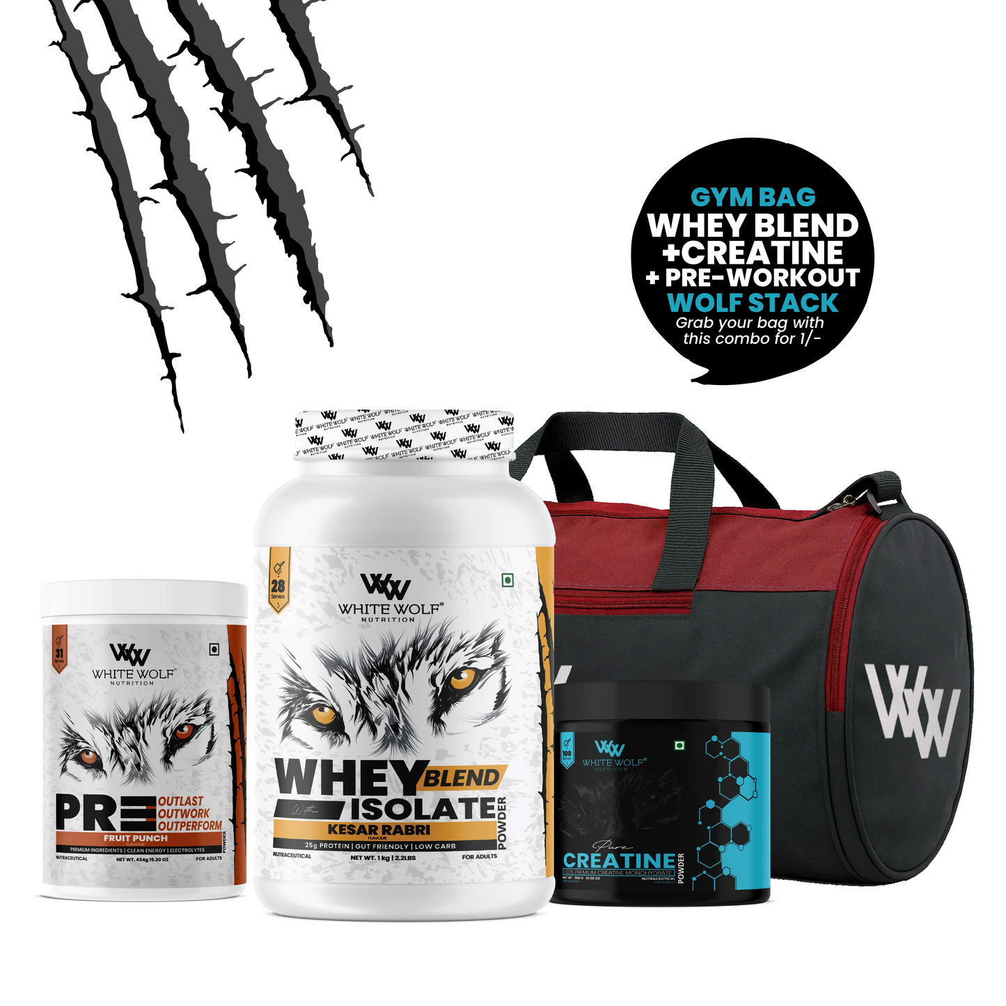 Whey Blend with Isolate 1 kg   + Pre-Workout + Unflavoured Creatine  + Gym Bag