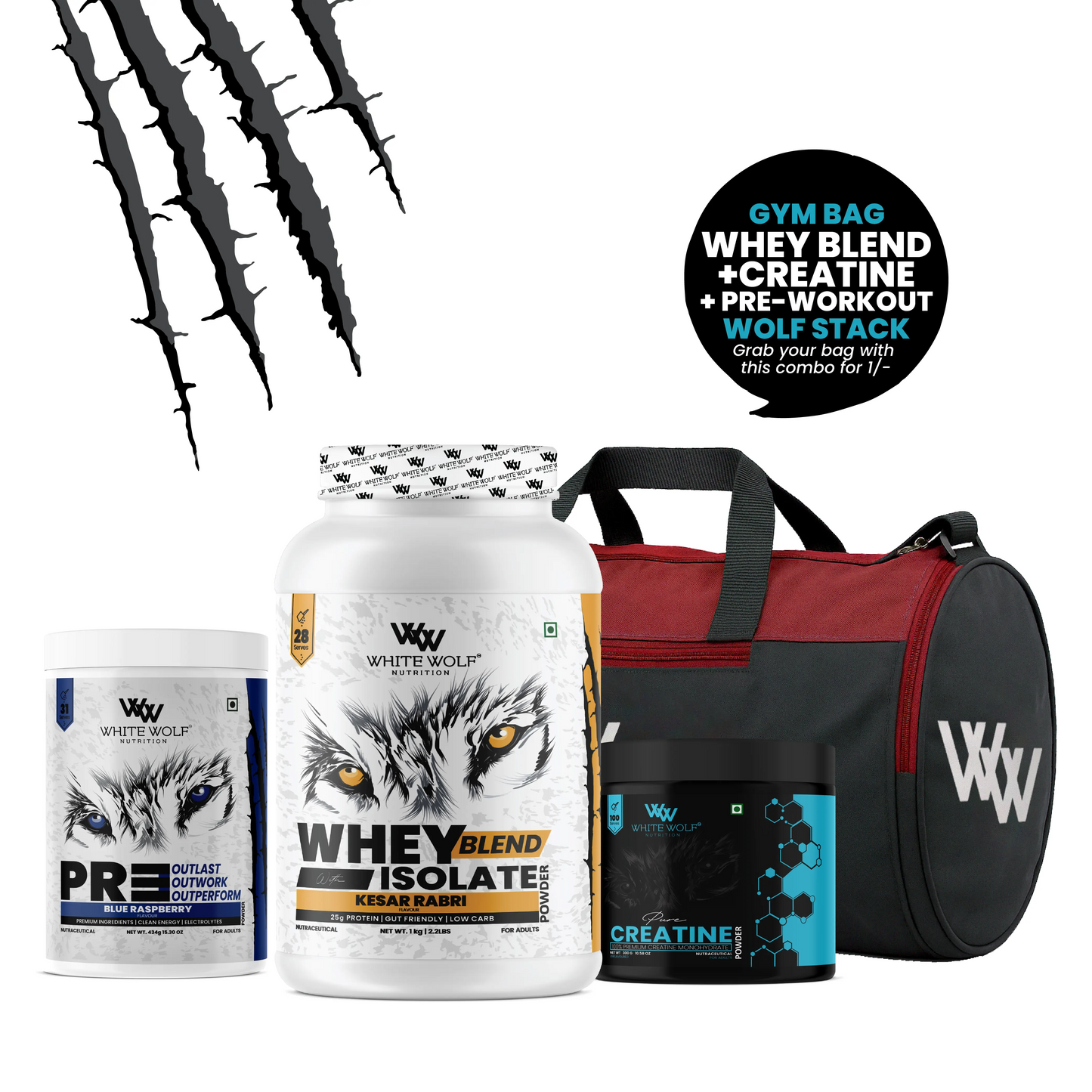 Whey Blend with Isolate 1 kg   + Pre-Workout + Unflavoured Creatine  + Gym Bag