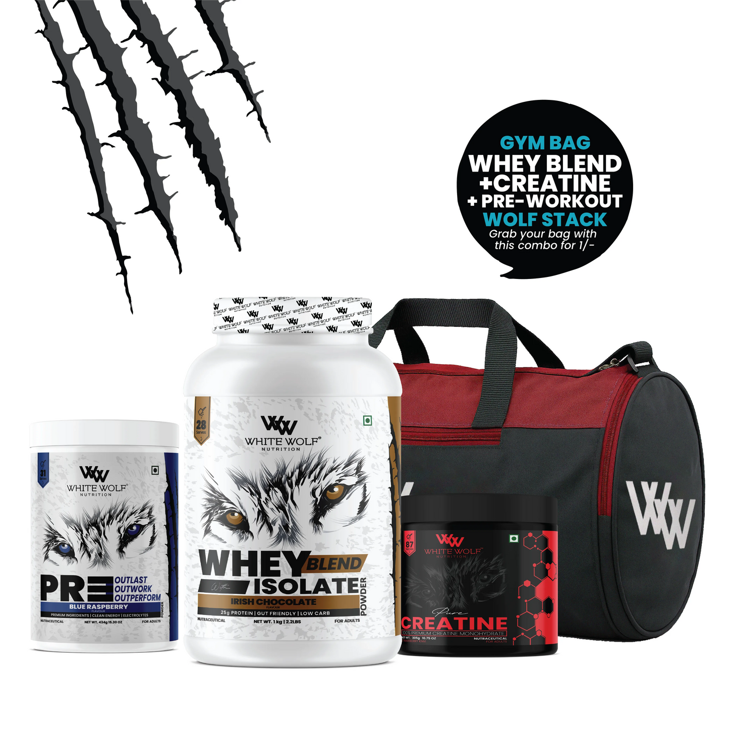 Whey Blend 1kg + Pre-Workout + Flavoured Creatine 305g + Gym Bag