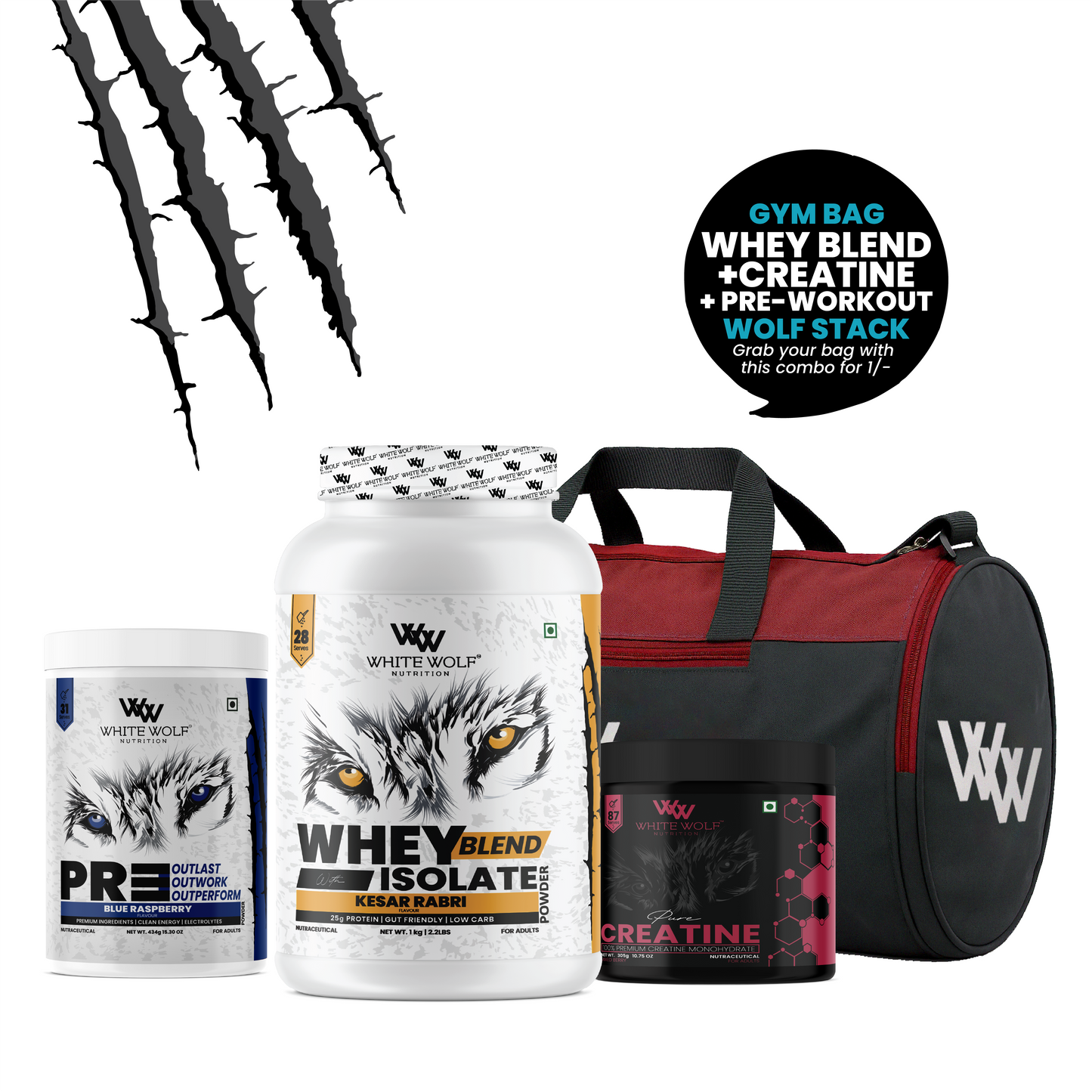 Whey Blend 1kg + Pre-Workout + Flavoured Creatine 305g + Gym Bag