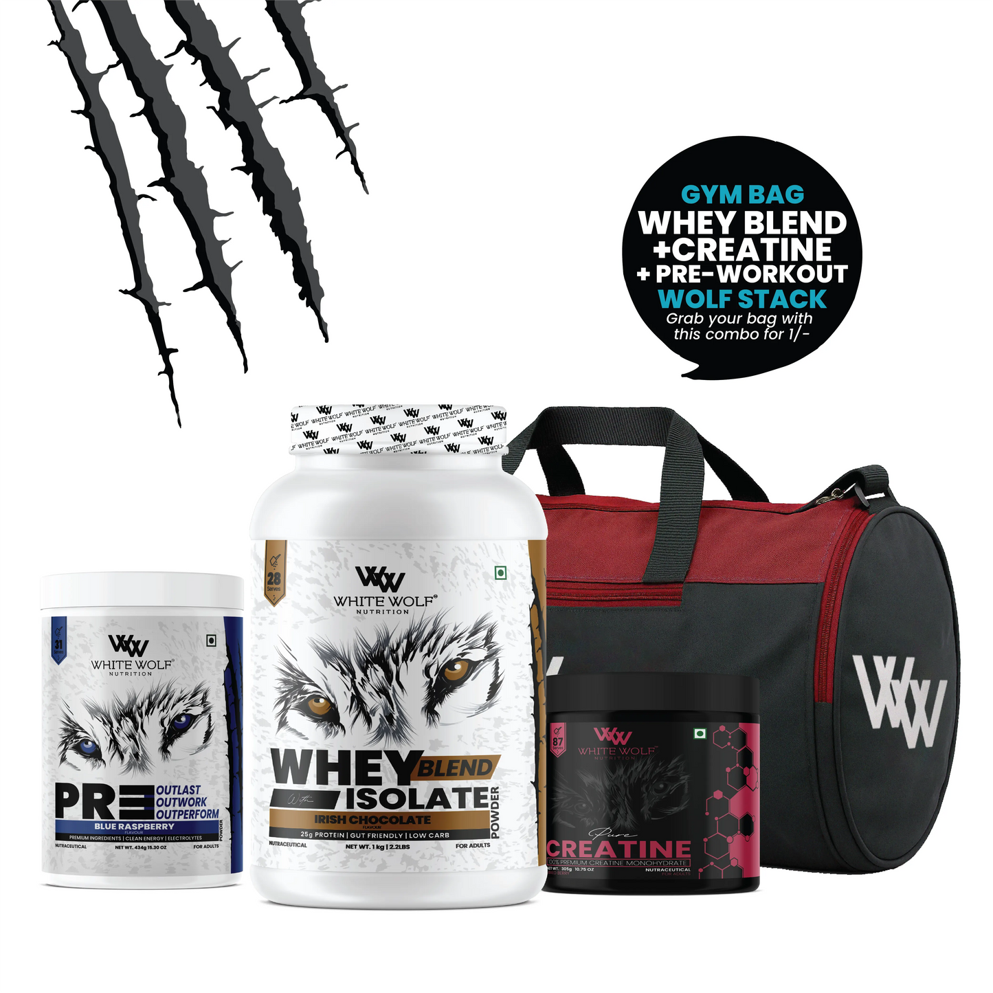 Whey Blend 1kg + Pre-Workout + Flavoured Creatine 305g + Gym Bag