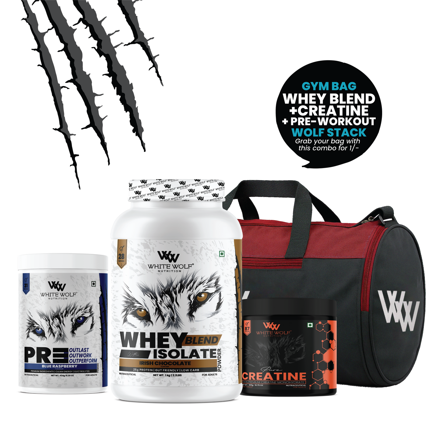 Whey Blend 1kg + Pre-Workout + Flavoured Creatine 305g + Gym Bag
