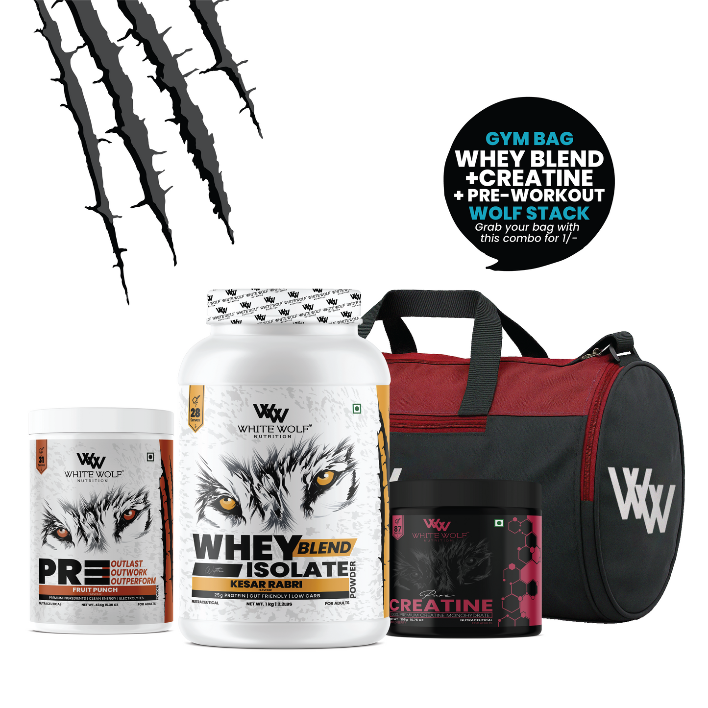 Whey Blend 1kg + Pre-Workout + Flavoured Creatine 305g + Gym Bag