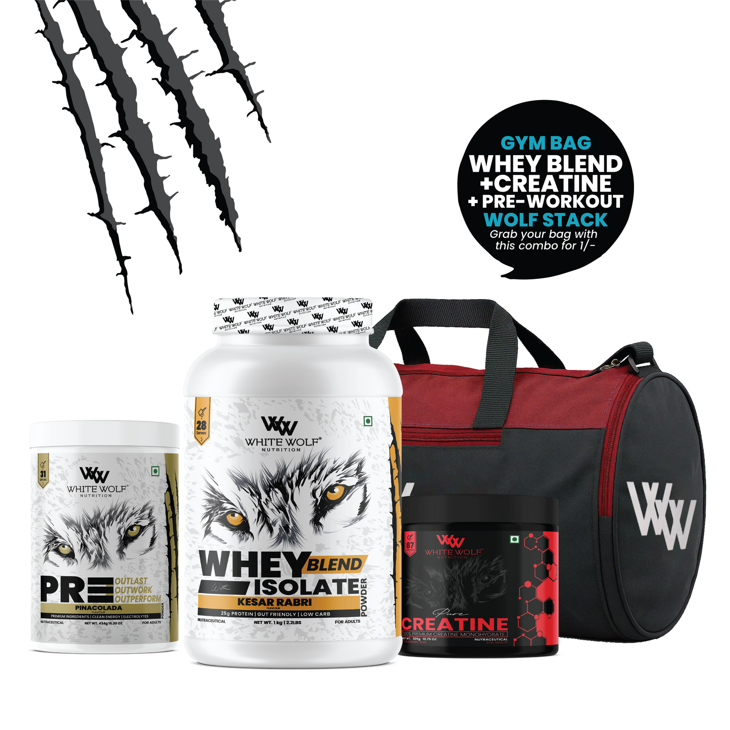 Whey Blend 1kg + Pre-Workout + Flavoured Creatine 305g + Gym Bag