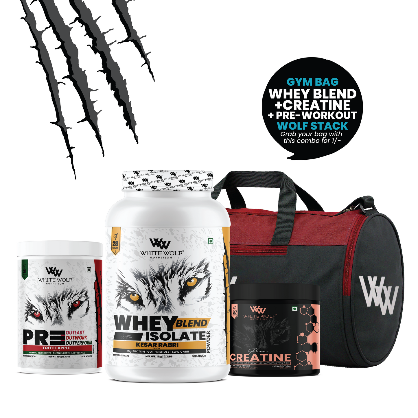 Whey Blend 1kg + Pre-Workout + Flavoured Creatine 305g + Gym Bag