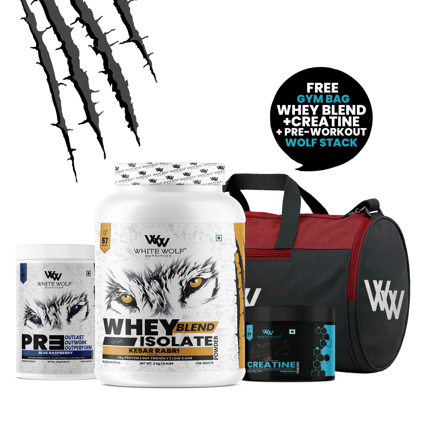 White Wolf  Whey Blend with Isolate 2 kg + Pre-Workout + Unflavoured Creatine  + Gym Bag