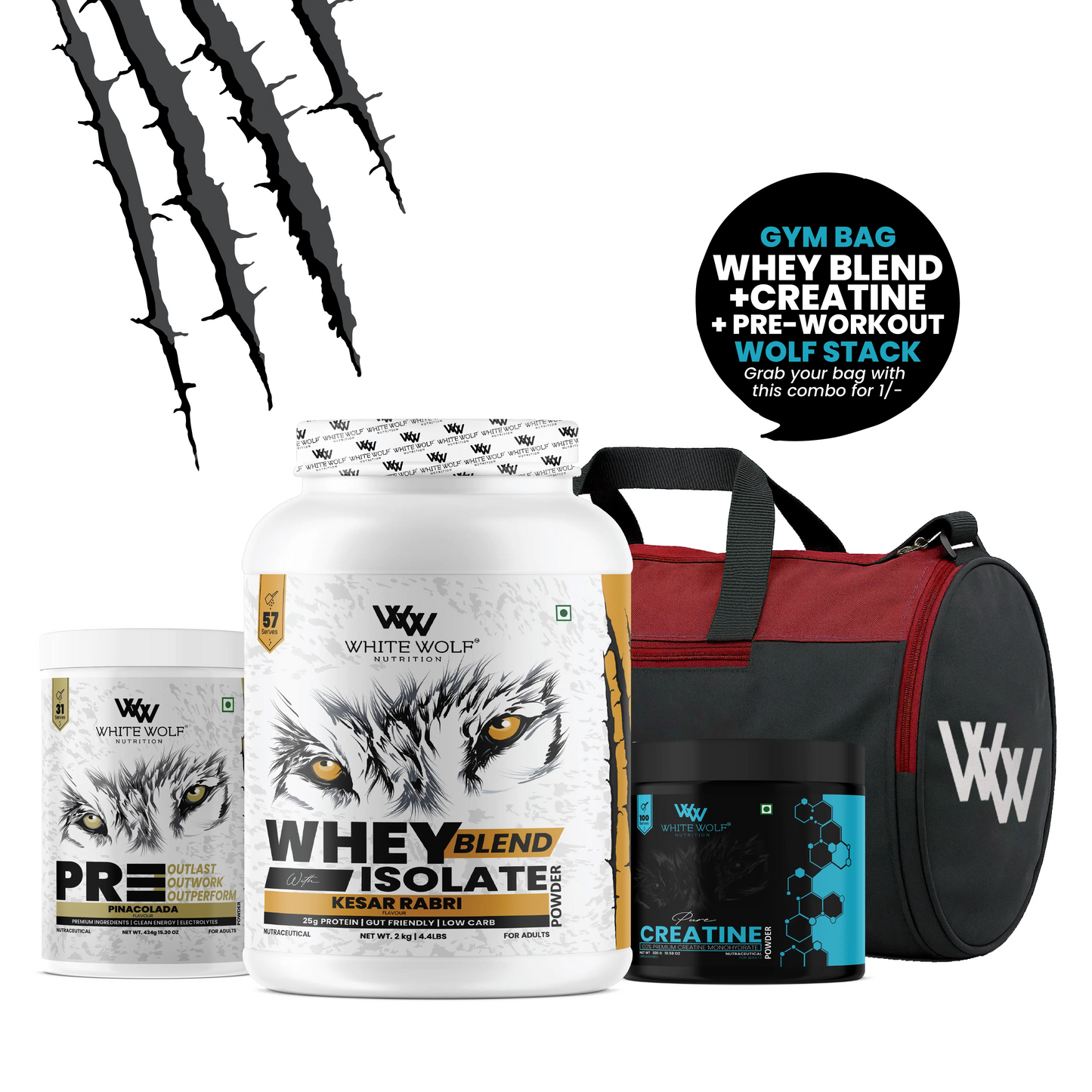 White Wolf  Whey Blend with Isolate 2 kg + Pre-Workout + Unflavoured Creatine  + Gym Bag