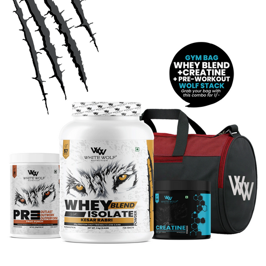 White Wolf  Whey Blend with Isolate 2 kg + Pre-Workout + Unflavoured Creatine  + Gym Bag