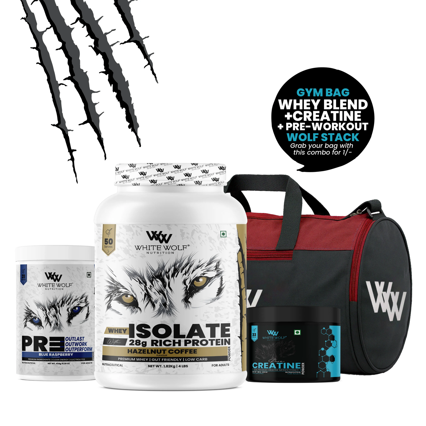 Whey Isolate   1.82kg + Pre-Workout + Unflavoured Creatine 100g With Gym Bag