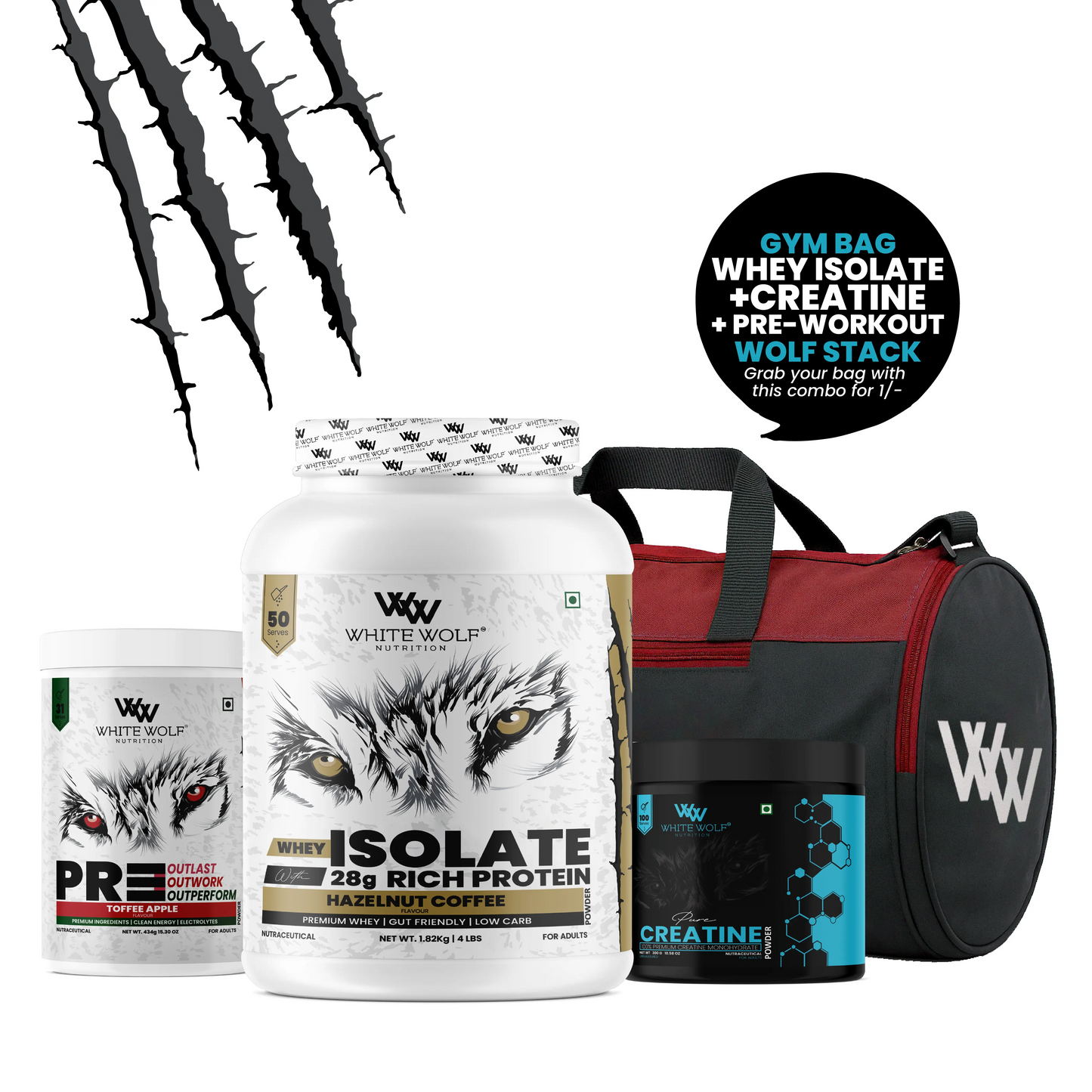 Whey Isolate   1.82kg + Pre-Workout + Unflavoured Creatine 300g With Gym Bag