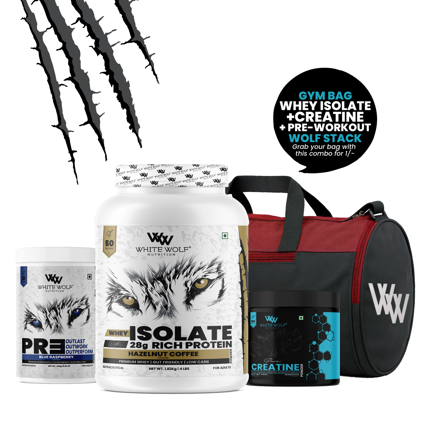 Whey Isolate   1.82kg + Pre-Workout + Unflavoured Creatine 300g With Gym Bag