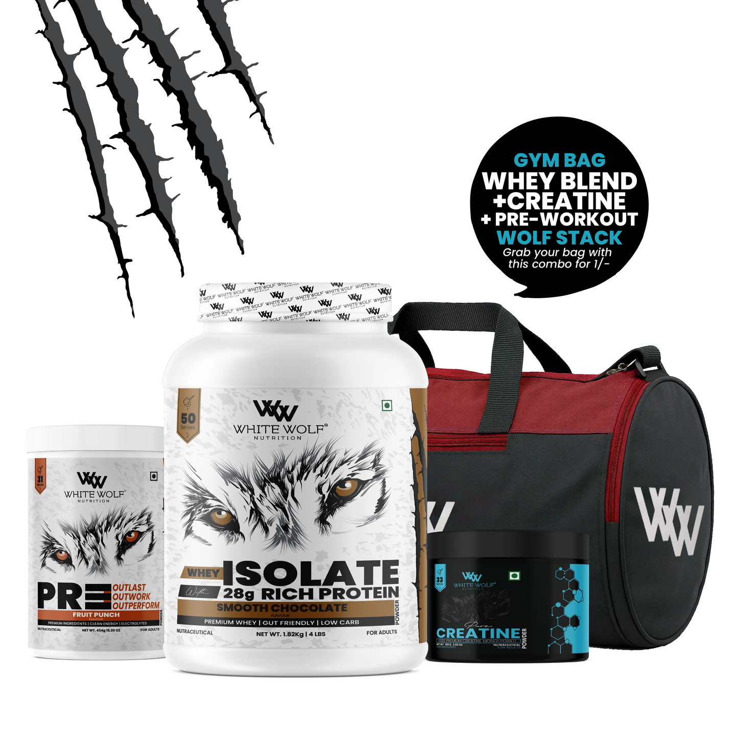 Whey Isolate   1.82kg + Pre-Workout + Unflavoured Creatine 100g With Gym Bag