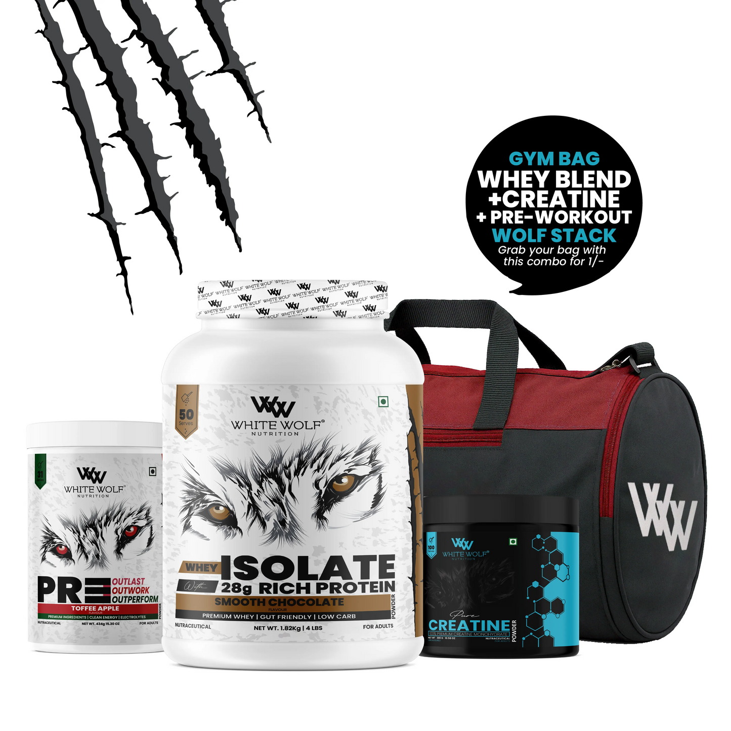 Whey Isolate   1.82kg + Pre-Workout + Unflavoured Creatine 300g With Gym Bag