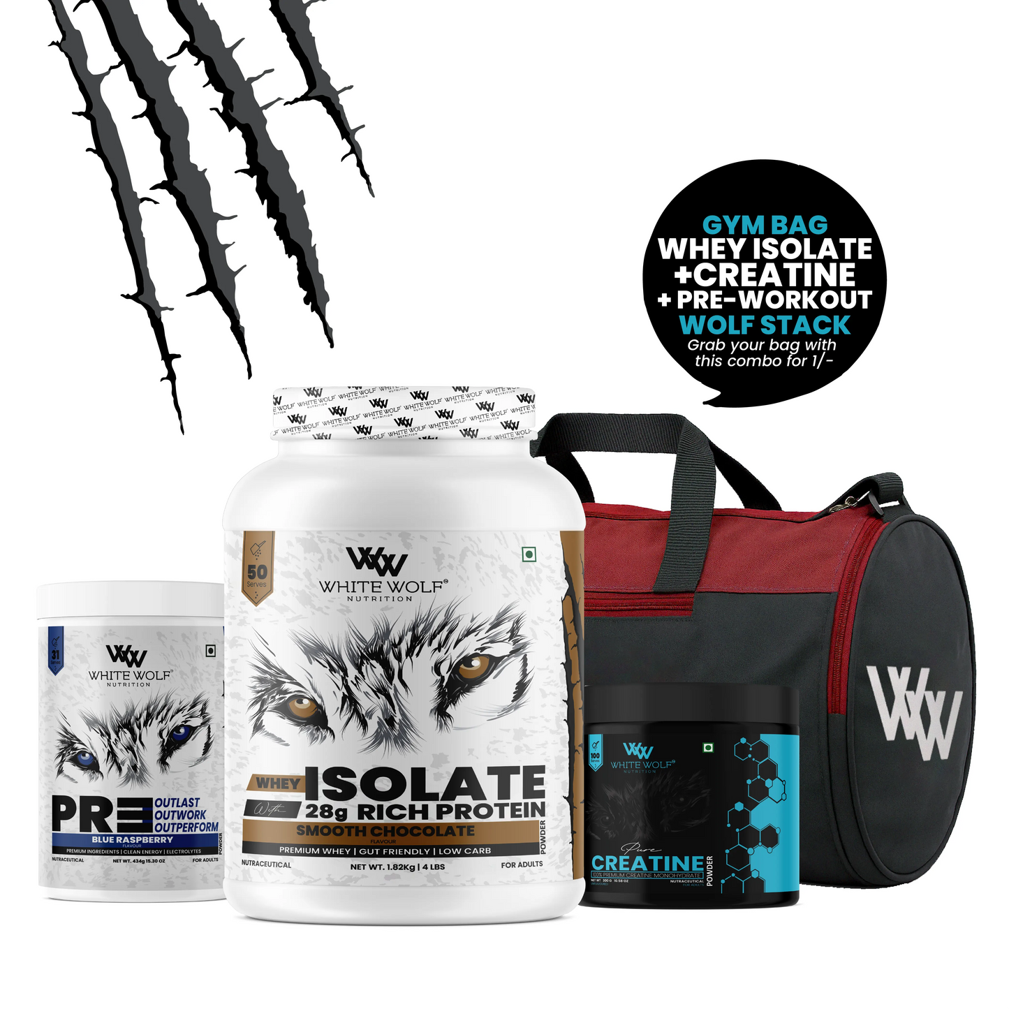 Whey Isolate   1.82kg + Pre-Workout + Unflavoured Creatine 300g With Gym Bag