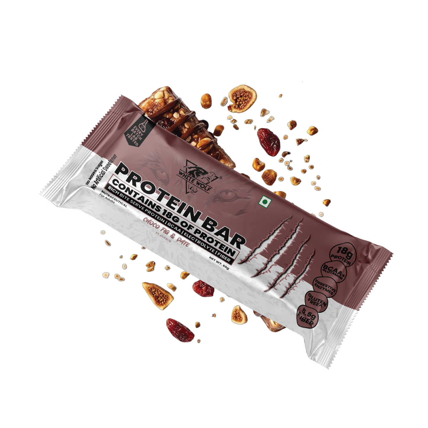White Wolf Protein Bar (18g Protein) | No Added Sugar | BCAA, Fiber & Digestive Enzymes