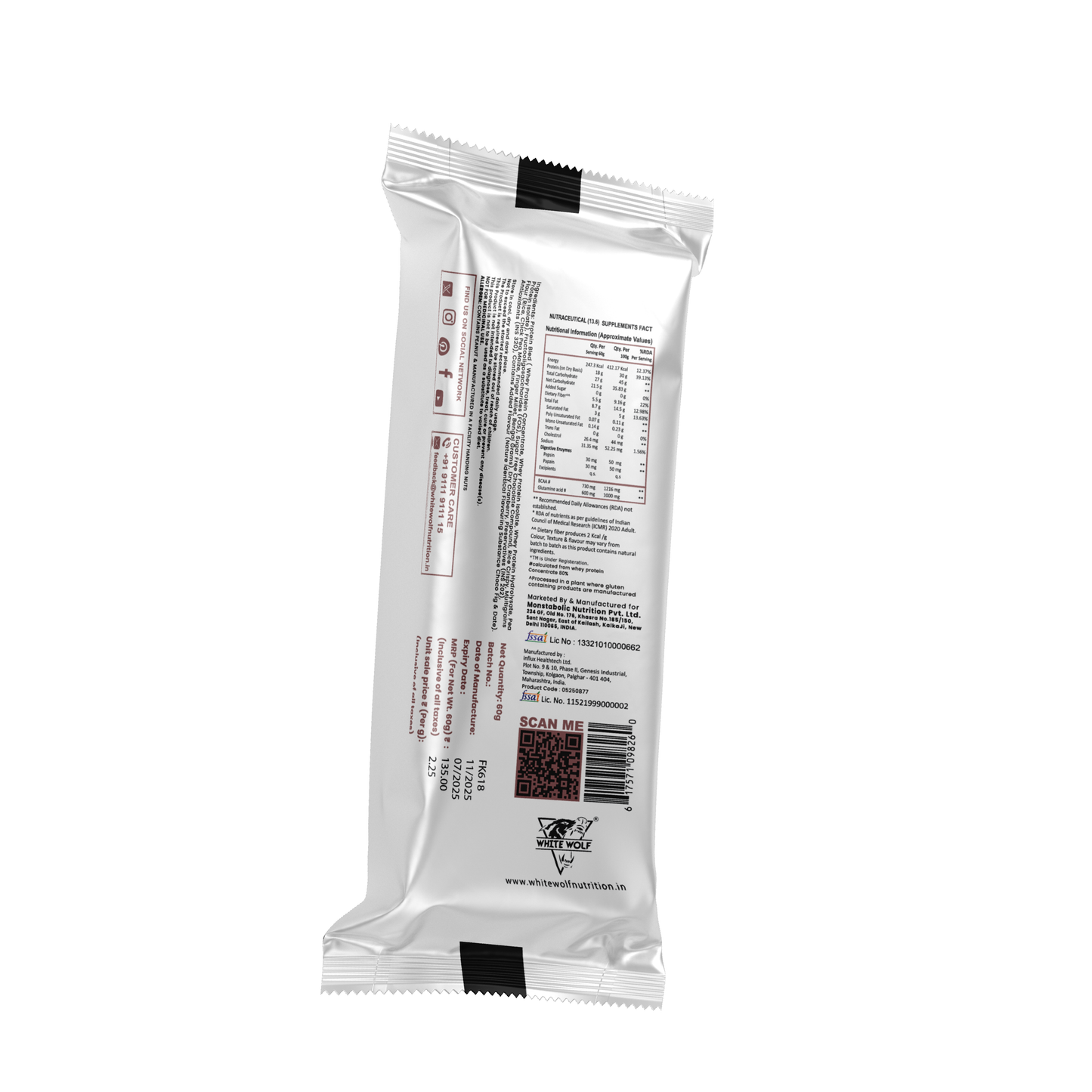 White Wolf Protein Bar (18g Protein) | No Added Sugar | BCAA, Fiber & Digestive Enzymes