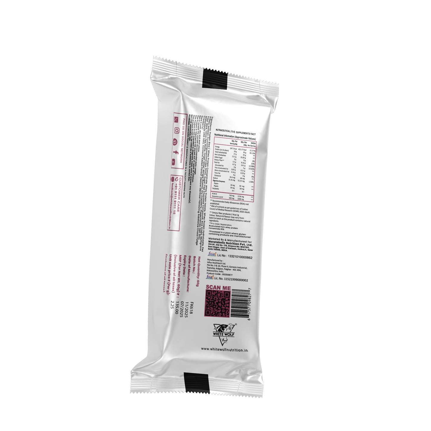 White Wolf Protein Bar (18g Protein) | No Added Sugar | BCAA, Fiber & Digestive Enzymes